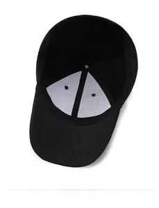 Detailed interior view of a black baseball cap featuring 6-panel structure and support