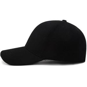 Classic plain black cotton twill baseball cap with six-panel design and curved sun visor