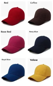 Six different solid colored cotton baseball caps displayed in a professional grid view