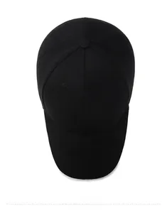 Top view of a black six-panel cotton twill baseball cap showing crown structure