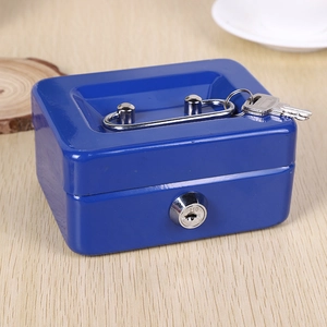 Blue mini metal security cash box with handle and key lock on a wooden surface