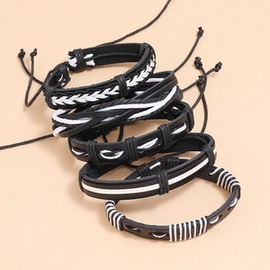 Five-piece multilayer braided leather bracelet set in black and white with adjustable cords