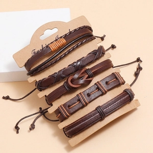 5-piece vintage multi-layer braided leather bracelet set for men in dark brown color
