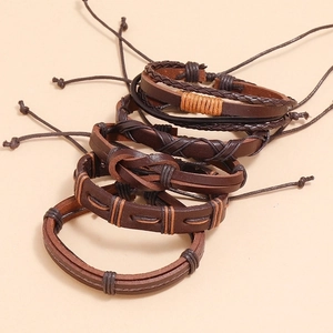 5-piece vintage braided leather bracelet set for men with adjustable cords in brown tones