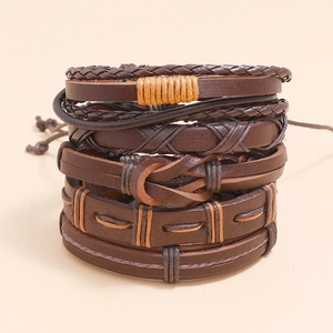 Men's 5-piece set of woven leather bracelets in dark brown with multilayered textures