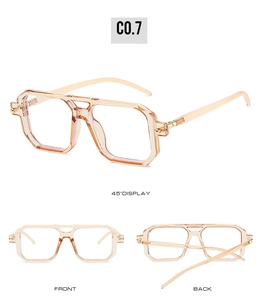 Three-angle view of transparent champagne square double bridge blue light glasses