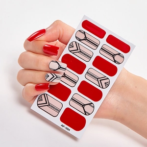Minimalist red and nude pink nail stickers with black geometric lines style AF-004