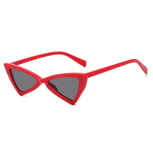 Fashionable red triangle cat-eye sunglasses with dark grey lenses and plastic frames