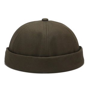 Close-up detail of dark coffee cotton miki hat showing twill texture and six-panel stitching