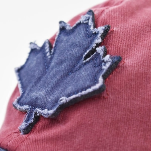 Vintage burgundy washed cotton baseball cap with blue maple leaf patchwork embroidery