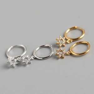 Star Pendant Huggie Hoop Earrings 925 Sterling Silver Dainty Minimalist Cubic Zirconia Sparkling Hexagon Hexagram Women