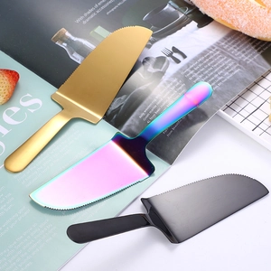 Serrated stainless steel cake and pizza server available in gold and rainbow finishes