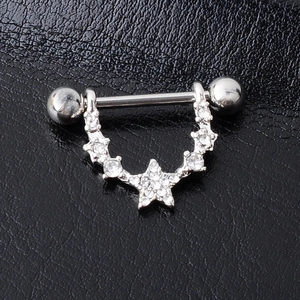 U-shaped stainless steel nipple ring featuring crystal star design on black leather