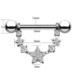 Star-shaped rhinestone nipple ring with 1.6mm bar and hanging crystal star charms