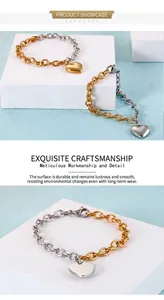 Détail d'un bracelet pendentif coeur bicolore avec maillons en or et argent entrelacés