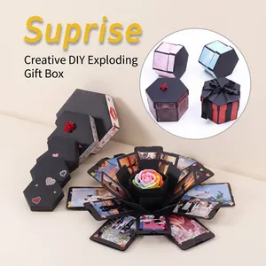 Black hexagonal DIY explosion gift box with multi-layer structure and faux rose detail