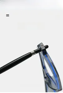 Detail of square glasses with flexible metal hinges and blue acetate frames