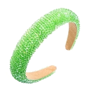 Elegant light green crystal beaded sponge headband with sparkling faceted glass beads