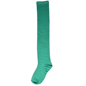 Detail of green knit cotton over-the-knee socks showing vertical texture and soft fabric