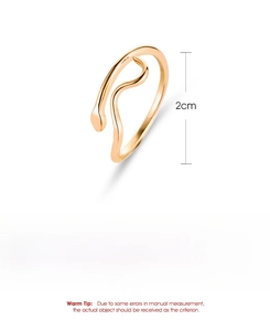 Detailed specs of adjustable rose gold wave ring showing copper material and dimensions