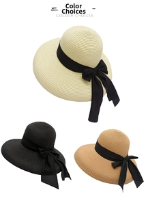 Straw sun hats with black bow ribbons shown in beige, black, and khaki color options