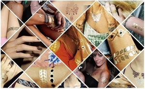 Collage of metallic gold and silver temporary tattoos applied on various body parts