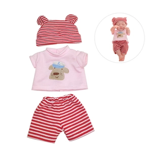 Detailed view of pink puppy shirt and red striped shorts set for 30cm dolls