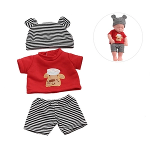 Detailed set of 30cm doll clothes with red graphic tee and striped shorts on a model
