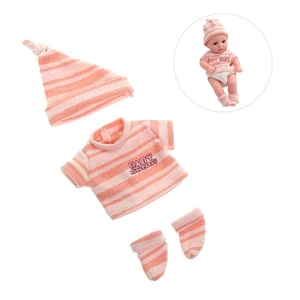 Detailed view of pink striped knit doll clothes set including hat, t-shirt, and socks