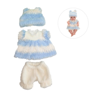 Plush blue striped baby doll outfit with bear ear hat and white bloomers for 30cm dolls