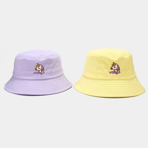 Cute unicorn bucket hat with letter embroidery in purple and yellow colors