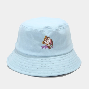 Close-up of colorful unicorn and WAO embroidery on light blue canvas bucket hat