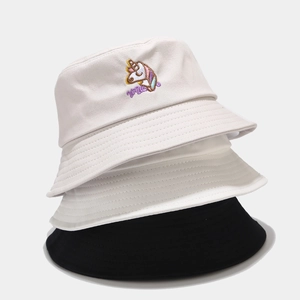 Three cotton bucket hats with cute unicorn and letter embroidery in beige white and black