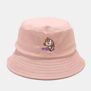 Detailed view of pink cotton bucket hat featuring colorful unicorn and letter embroidery