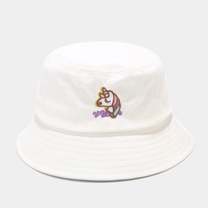 Close-up of colorful cartoon unicorn embroidery and purple text on white bucket hat