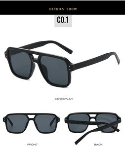 Detailed views of black square double-bridge sunglasses from front, side, and back angles