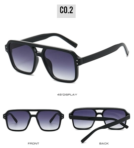 Three-way view of square sunglasses with double bridges and silver rivet accents