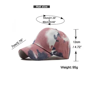 Pink and blue tie-dye washed cotton baseball cap with adjustable size chart details