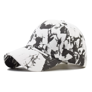 Distressed black and white tie-dye ink-washed baseball cap with curved brim street style