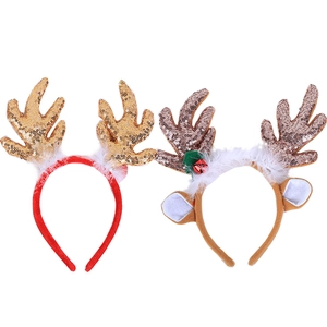 Christmas reindeer antler headband set with gold sequins and festive red bow decorations