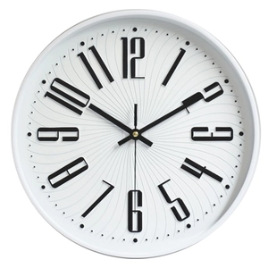 Modern 12-inch wall clock with 3D black numerals and spiral textured white dial