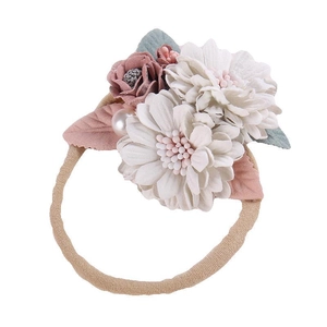 Handmade pearl and floral baby headband with pink fabric flowers and nylon band
