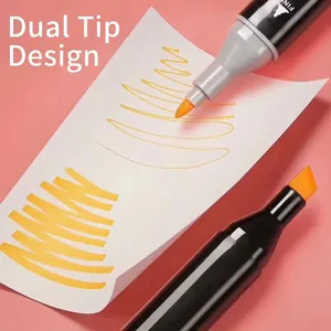Dual-tip markers with fine and broad tips, bright yellow ink on pink background