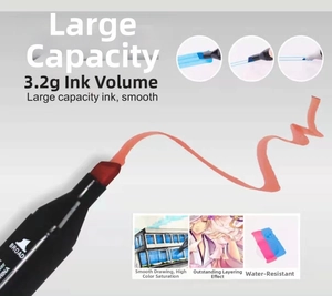 Detail of pink-orange dual-tip marker showing waterproof 3.2g ink and broad nib