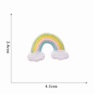 Embroidered rainbow cloud patch for children's clothing with 4.1cm x 2.8cm dimensions