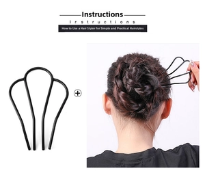 Close-up of black 4-prong hair fork tool and instructions for a quick DIY bun hairstyle