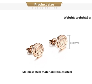 Detail of rose gold octagonal stud earrings with queen portrait relief, 10mm stainless steel