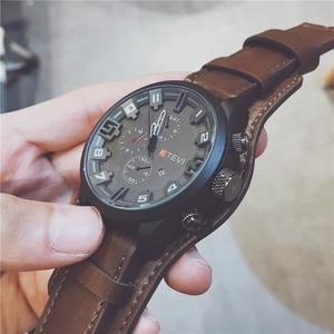 Men Sports Quartz Watch Alloy Case Faux Leather Wide Band Stainless Steel Buckle Chronograph Style Date Display Military