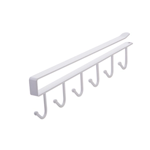 White iron under-cabinet rack with 6 hooks for kitchen organization and storage
