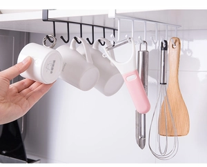 Under-cabinet iron cup rack with 6 hooks showing mugs and kitchen utensils storage